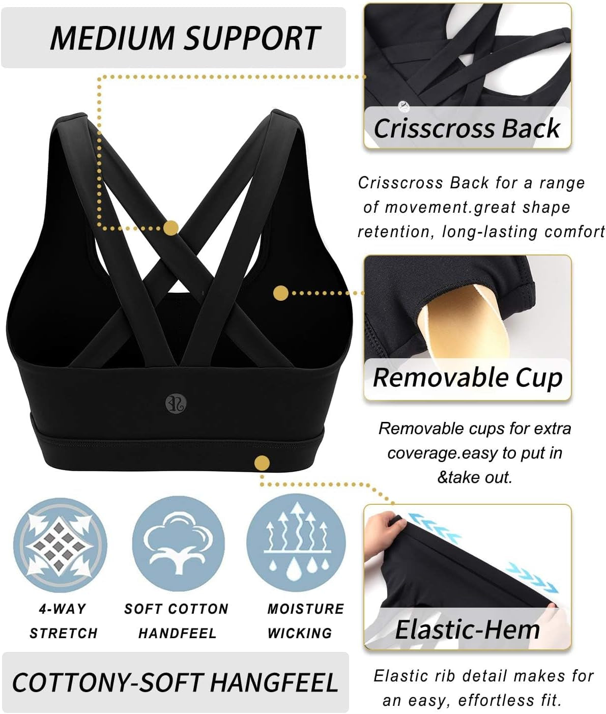 Sports Bra for Women, Criss-Cross Back Padded Strappy Sports Bras Medium Support Yoga Bra with Removable Cups