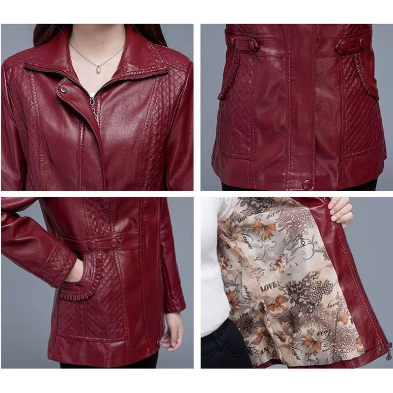 2XL-8XL Women Leather Jacket Spring Mid-Length Motorcycle Coat Middle Aged Mother Winter Overcoat Pu Leather Jacket Y44