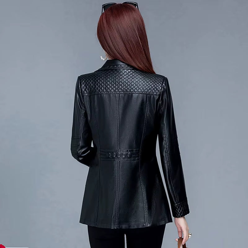 2XL-8XL Women Leather Jacket Spring Mid-Length Motorcycle Coat Middle Aged Mother Winter Overcoat Pu Leather Jacket Y44