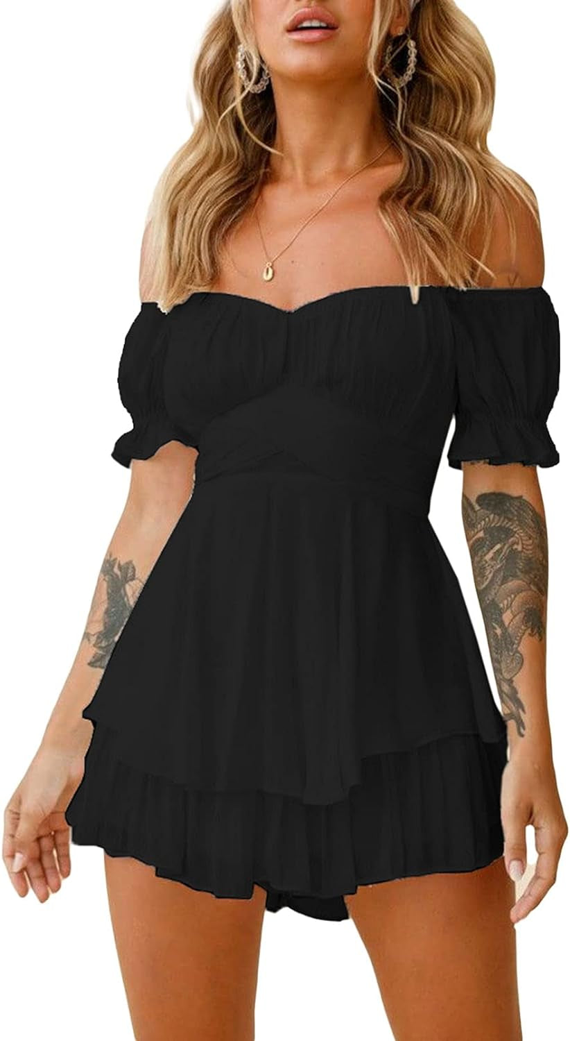 Women Boho Romper off Shoulder Ruffle Chiffon Shorts Jumpsuit Playsuit