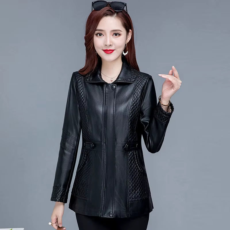 2XL-8XL Women Leather Jacket Spring Mid-Length Motorcycle Coat Middle Aged Mother Winter Overcoat Pu Leather Jacket Y44