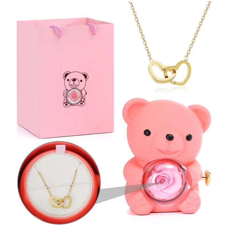 Birthday Rose Bear Gift Eternal Rose Bear Jewelry Necklace Gift Box for Wife, Girlfriend, Grandma