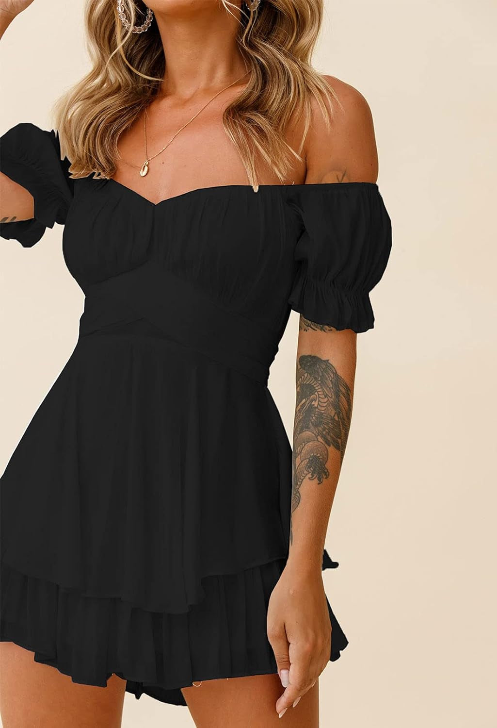 Women Boho Romper off Shoulder Ruffle Chiffon Shorts Jumpsuit Playsuit