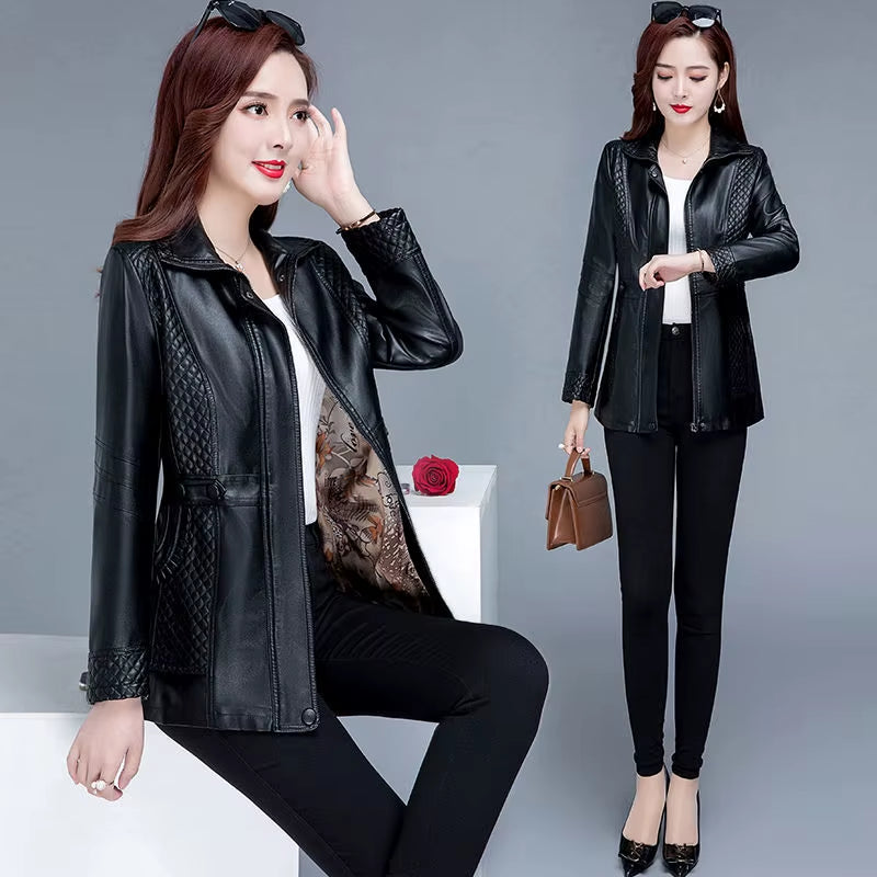 2XL-8XL Women Leather Jacket Spring Mid-Length Motorcycle Coat Middle Aged Mother Winter Overcoat Pu Leather Jacket Y44