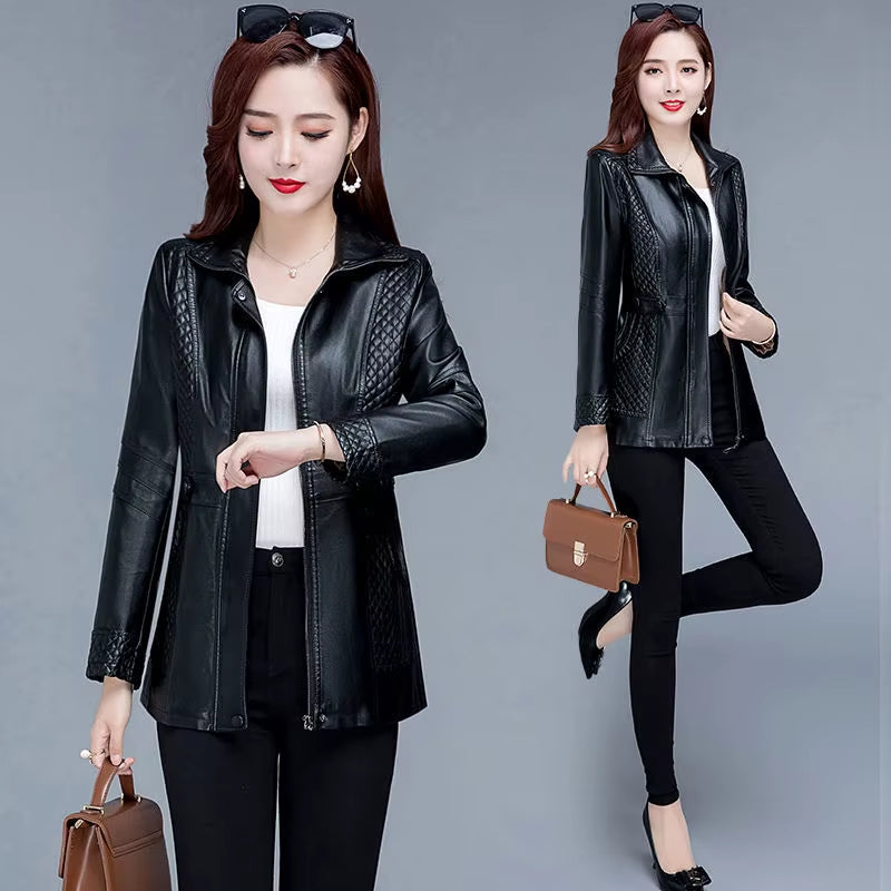 2XL-8XL Women Leather Jacket Spring Mid-Length Motorcycle Coat Middle Aged Mother Winter Overcoat Pu Leather Jacket Y44