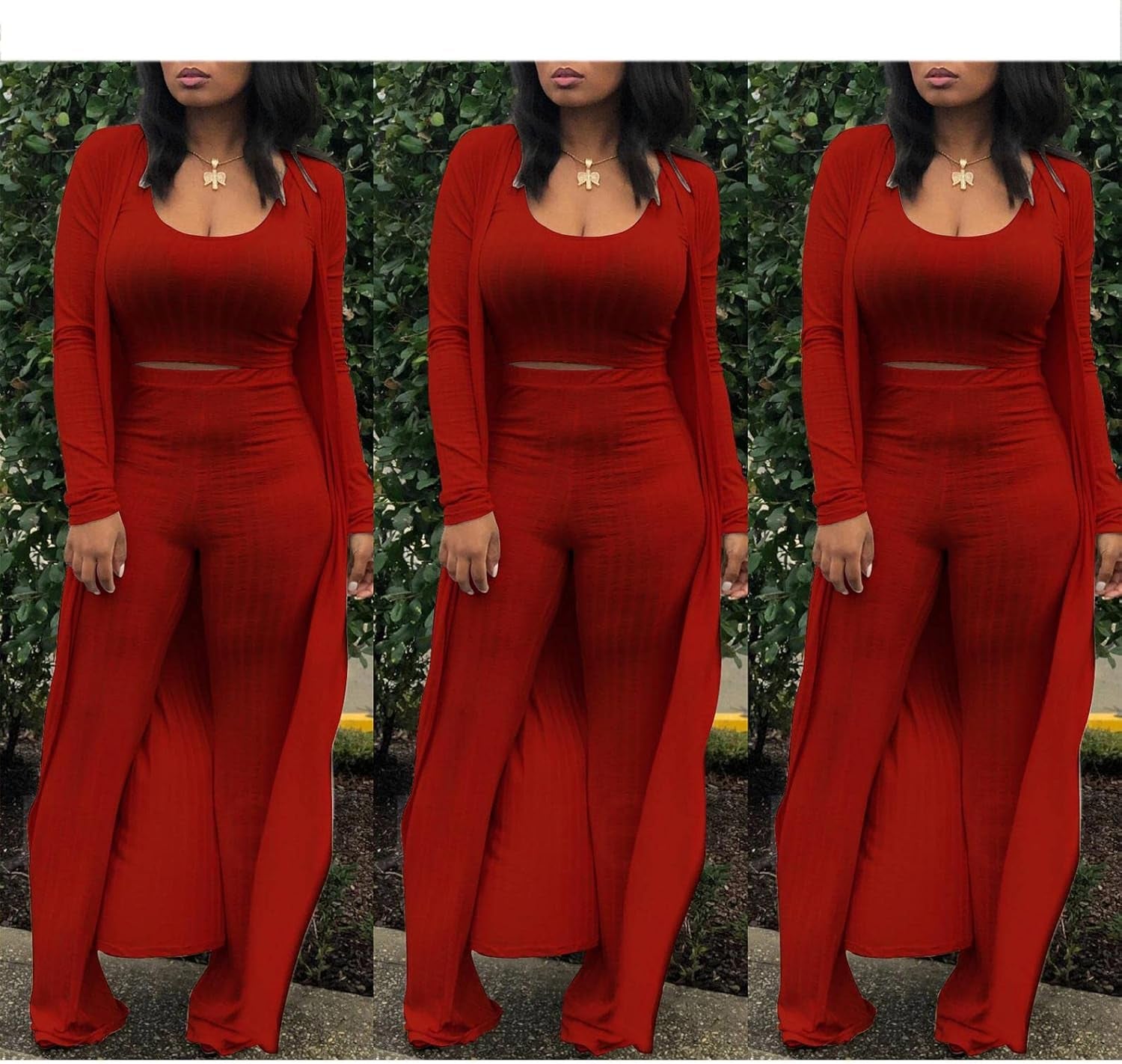 Women'S Tracksuit Winter Autumn Knitted Long-Sleeved Blazer Coat Tank Long Pants Three Piece Sets Outfit