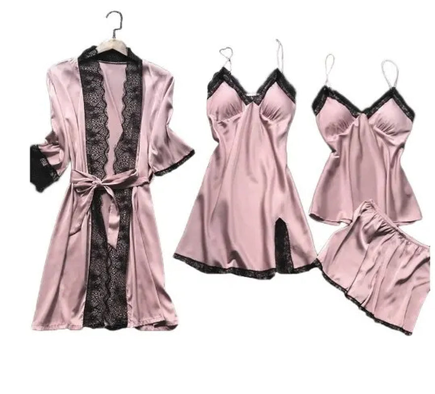 4PCS Sleepwear Pajamas Set Silk Women Nightdress Lace Dress Robe Sleep Nightwear Silk Solid Color Pijama Sets